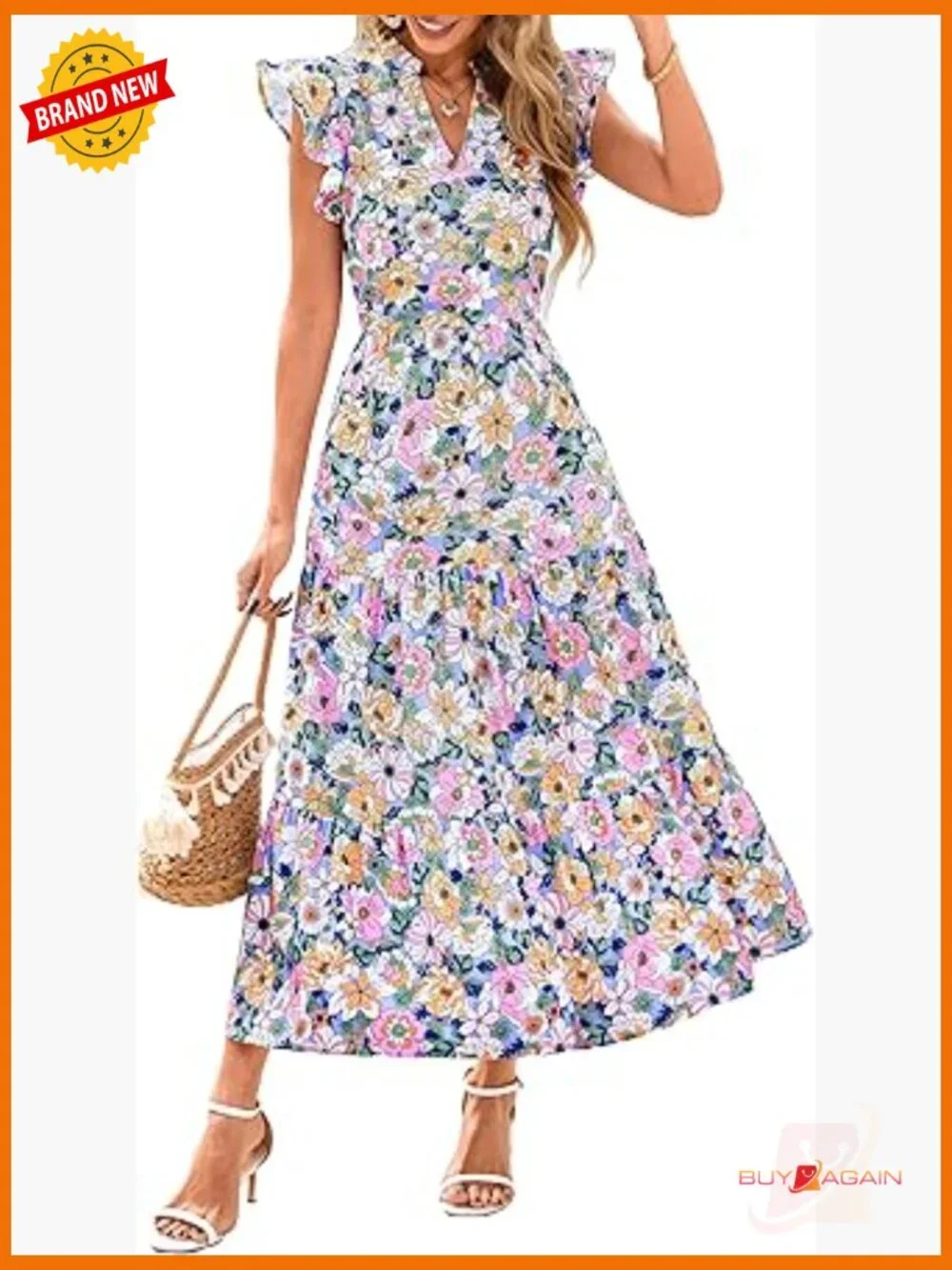 flowy cap sleeve dress Women's V Neck Ruffle Cap Sleeve Tiered Midi Dress, Casual Loose Flowy Swing Pocket A Line Dress for Summer Daily Wear
